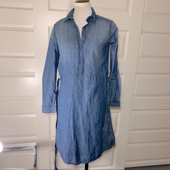 Denim Dress Blue XS Long Sleeves Belted Button Front Chambray Cotton Minimalist - Picture 9 of 10